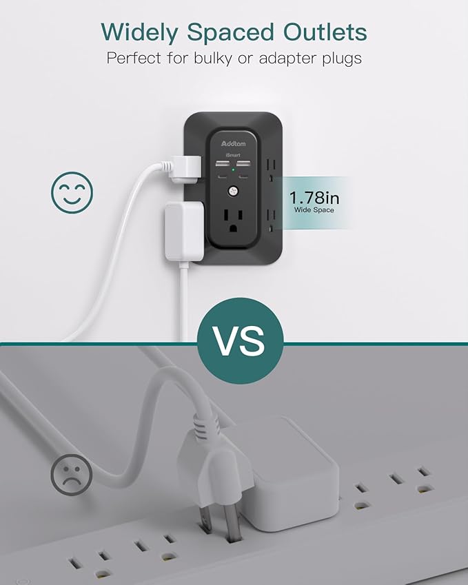 Outlet Extender Surge Protector, Addtam 5-Outlet Splitter with 4 USB Wall Charger(PD 20W), Multi Plug Wall Outlet Power Strip for Home, Dorm Room Essentials Black