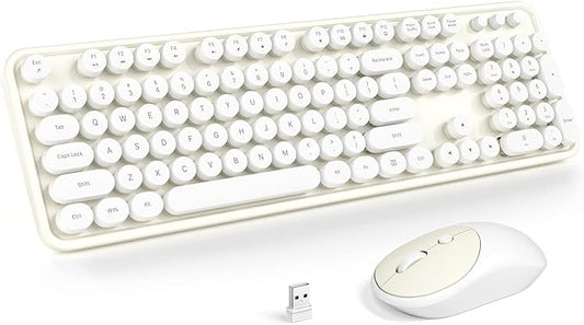 Wireless Keyboard and Mouse, Typewriter Full Size Keyboard with Number Pad and 2 in 1 USB Connected Mouse for Windows 7/8/10, Laptop, Desktop, PC, Computer (Off-White)