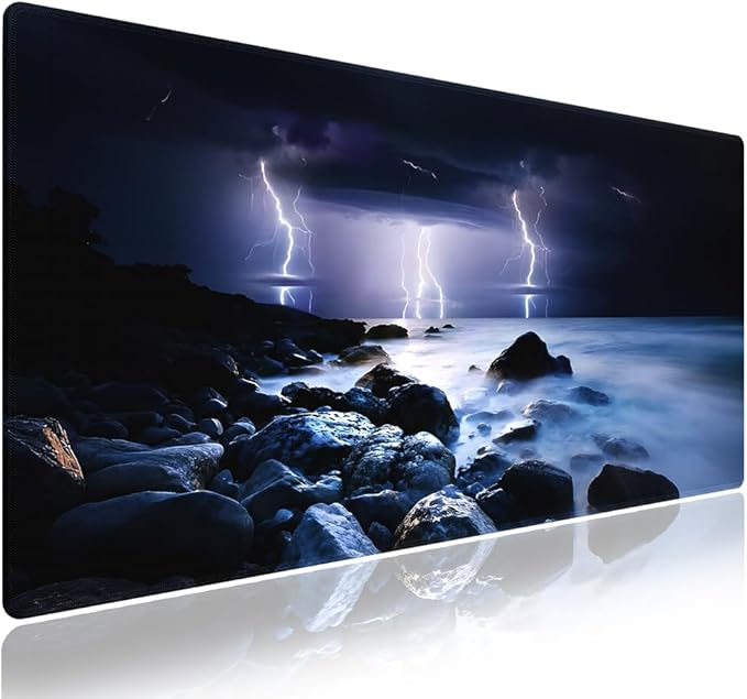 Extra Large Gaming & Office Mouse Pad (31.5" x 11.8") – Nature Lightning Summer Storm Bolts Over Rocks in Ocean Nightmare Theme Weather, Anti-Slip XXL Desk Mat with Durable Stitched Edges