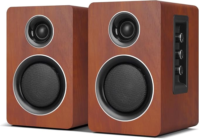 Computer Speakers for Desktop PC, Active Bookshelf Speaker with 3‘’ Carbon Fiber Woofer and Silk Film Tweeter ,Supports Bluetooth 5.3, USB-C, AUX/RCA Input for Record Player TV - Brown Stereo Set