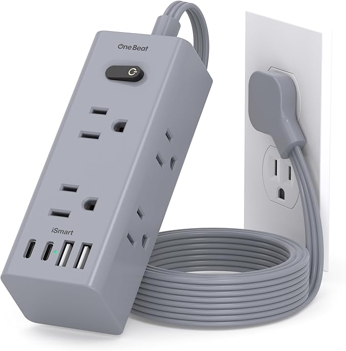 3Ft Extension Cord with Multiple Outlets, Flat Plug Power Strip Surge Protector with 1 Ft Cord, 6 Outlet 3 USB Ports (1 USB C), Multi Outlet Wall Plug for Travel, Dorm Room Essentials-Grey