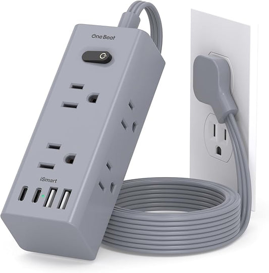 3Ft Extension Cord with Multiple Outlets, Flat Plug Power Strip Surge Protector with 1 Ft Cord, 6 Outlet 3 USB Ports (1 USB C), Multi Outlet Wall Plug for Travel, Dorm Room Essentials-Grey