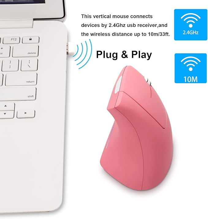 Vertical Mouse, 2.4G Wireless Ergonomic Optical Mouse 800/1200 /1600 DPI 6 Buttons Right Handed Gaming Mice for Laptop, Desktop, PC, MacBook (Pink)