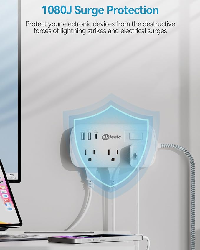 Extension Cord 15 ft - Surge Protector Power Strip Flat Plug with 6 Widely Outlets 3 USB (5V/3.4A 17W) Charging Ports, Multi Plug Wall Outlet Splitter for Home Bedroom Hotel Office Desktop Accessories