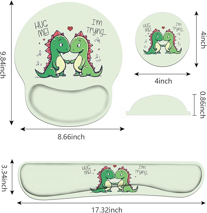 Keyboard and Mouse Wrist Rest Pad Set with Coasters, Ergonomic Support, Non-Slip PU Base, Easy Typing and Relieve Wrist Pain, Perfect for Home Office Working Studying, Cute Little Dinosaur