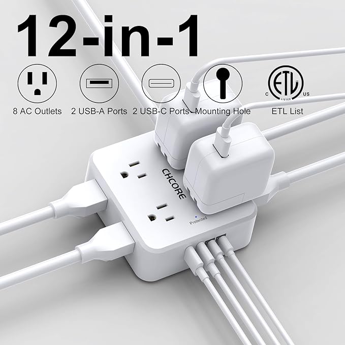 10Ft Surge Protector Power Strip - CHCORE Flat Plug Extension Cord with 8 Outlets and 4 USB Ports(2 USB C), 3 Side Wall Mount Outlet Extender for Home Dorm Room Essentials, ETL Listed, White
