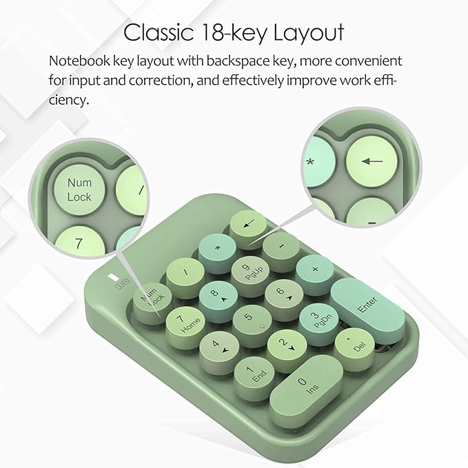 FELICON Wireless Numeric Keypad 18 Keys with 2.4G Mini Portable Silent Number Pad USB Receiver Financial Accounting Keyboard Extensions for Laptop Desktop PC Pro（Green Mix）