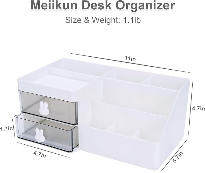 Desk Organizer, Makeup Organizer with 2 Drawer, 7 Compartment & a Top Tray, Desktop Organizers and Storage for Women, Cute Home organization Bathroom, 11" x 5.7" x 4.7" (White)
