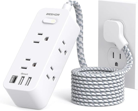 15Ft Extension Cord, BESHON Power Strip Surge Protector, 6 Outlets with 3 USB Ports(1 USB C Outlet), 3-Side Outlet Extender, Wall Mount, Compact for Home, College Dorm Room