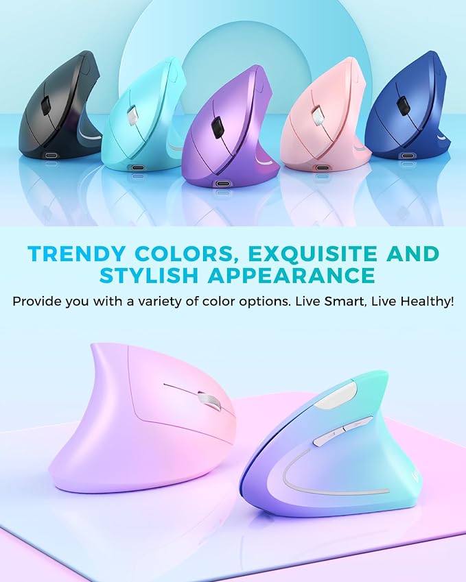 Lekvey Ergonomic Mouse, Vertical Wireless Mouse, Rechargeable 2.4G Optical Carpal Tunnel Mice: 800/1200 / 1600 DPI, 6 Buttons, for Laptop, PC, Mac, Computer, Desktop, Notebook etc, Green Purple