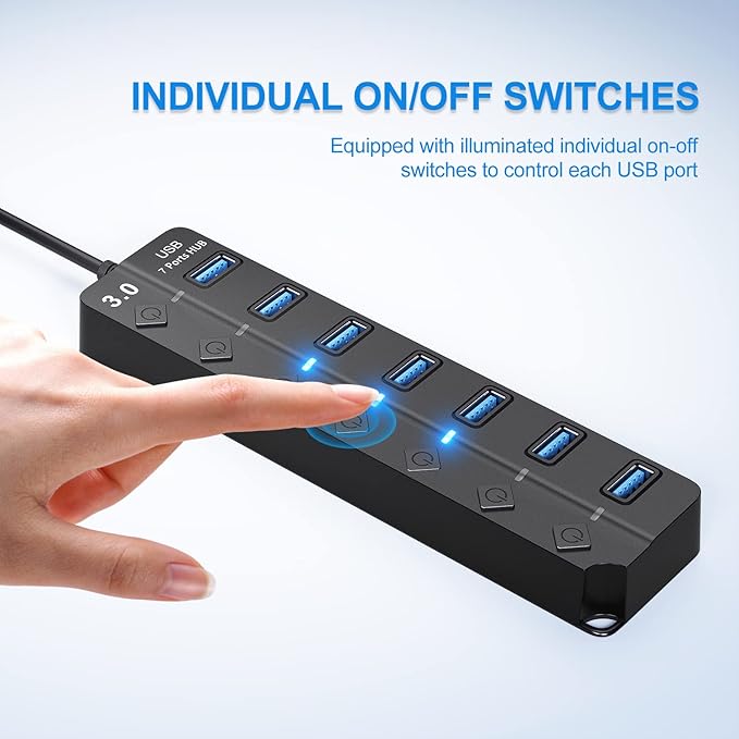 USB Hub 3.0, 7-Port USB Hub Splitter with Individual On/Off Switches and Lights, 3.2ft/1m Long Cable Compatible with MacBook, Laptop, Surface Pro, PS4, PC, Flash Drive, Mobile HDD