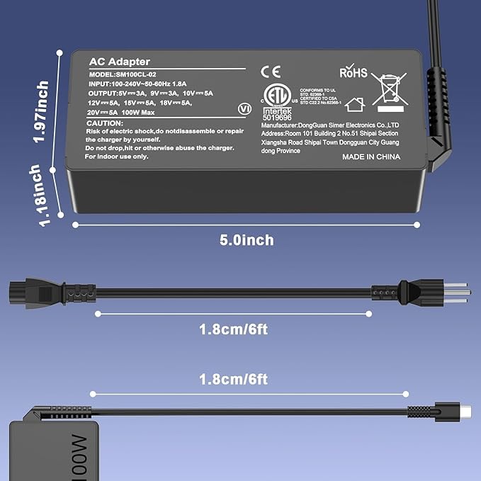 100W USB C Charger Universal Power Adapter Replacement for Lenovo, Acer, Dell, Asus, HP, Mac Book Pro/Air 16, 15, 14, 13 Inch,iPad Pro, Chromebook