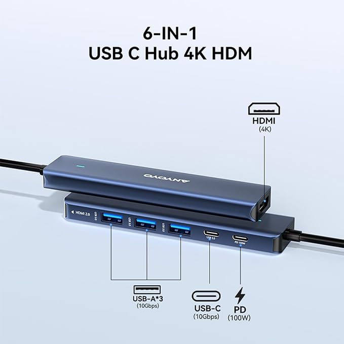 ANYOYO Docking Station,6-in-1 USB C Multiport Adapter with 4K HDMI, 4*USB 5Gbps(3A+1C),100W PD Aluminum USB Hub for MacBook Pro/Air, Other Laptops and Devices （USB-C Does not Support Video Output）