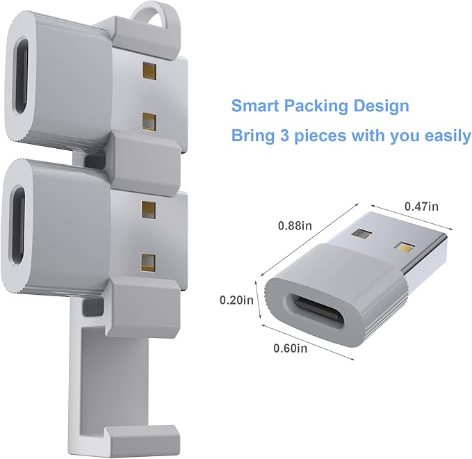 USB to USB C Adapter,3Pack USBC Female to USB A Male with Convenient Carrier, Type C Converter for iPhone 17/16/15/14/13/12, iPad, iWatch, AirPods,Galaxy S25/S24 (Grey)