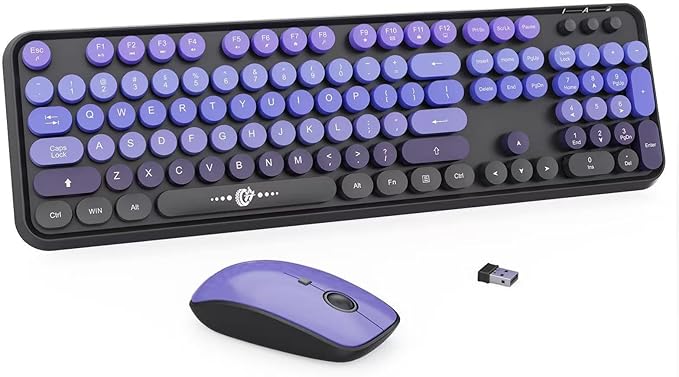 Wireless Keyboard Mouse Combo,Typewriter Cute Retro Style,104 Round Key Colorful Keyboard with Number Pad,Letton Full Size Keyboard Mouse with 3 DPI for PC Laptop Computer-Black Purple