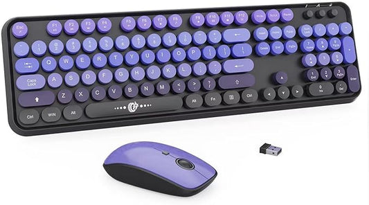 Wireless Keyboard Mouse Combo,Typewriter Cute Retro Style,104 Round Key Colorful Keyboard with Number Pad,Letton Full Size Keyboard Mouse with 3 DPI for PC Laptop Computer-Black Purple