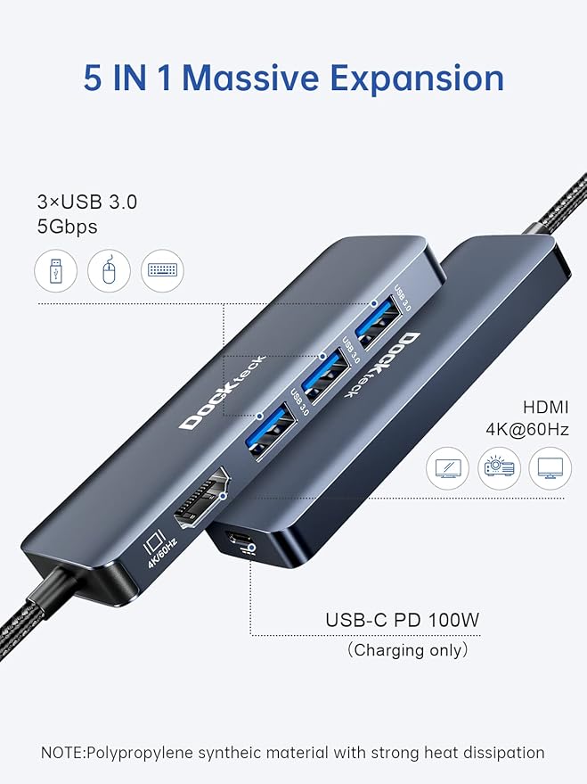 Dockteck USB-C Hub Adapter - 5 in 1 with HDMI 4K 60Hz, 3 USB 3.0 and 100W PD for MacBook Air/Pro M1/M2, iPad Pro/Air, Steam Deck, Surface Pro 8