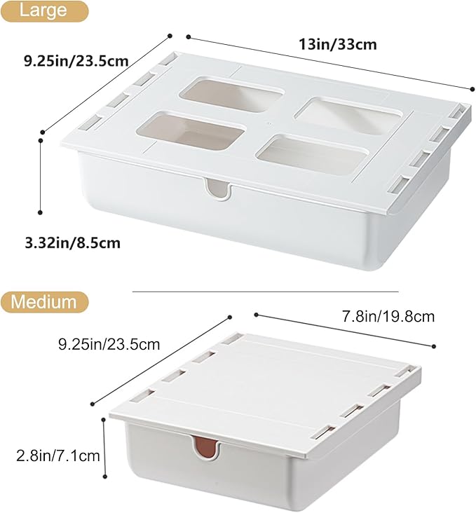 2 Pack Under Desk Drawer, Large & Medium Self-Adhesive Under Desk Organizer, Hidden Under Desk Storage Box Cosmetics Case Stick On Under Table Tray Holder for Cutlery, Office Supplies, Stationery