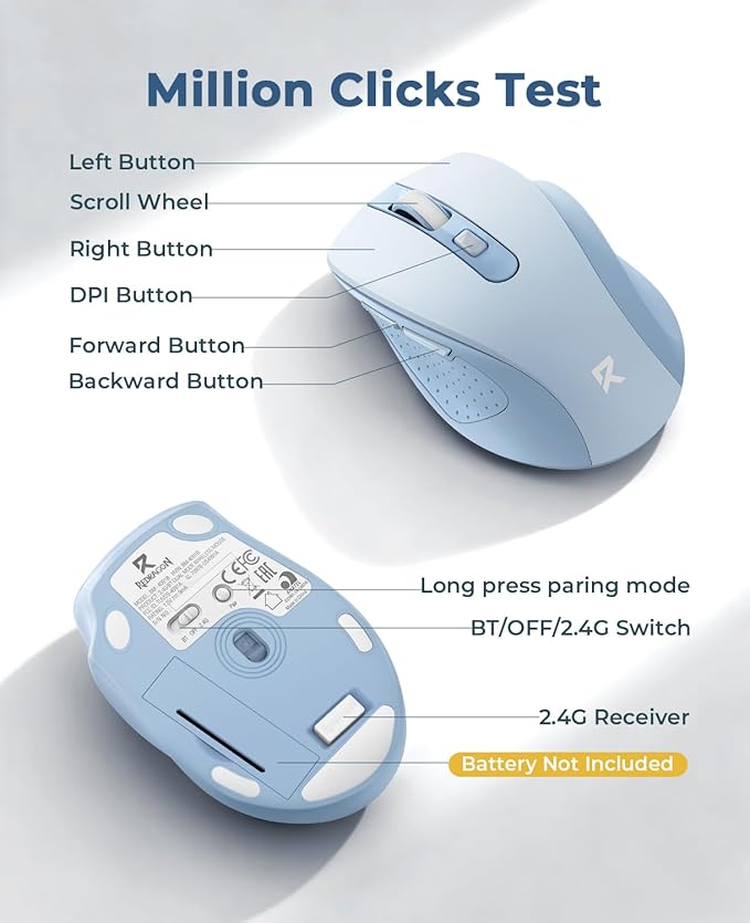 Redragon Wireless Mouse for Laptop, Bluetooth Mouse (BT5.0/3.0&2.4G) with 5 Level 4000DPI, Silent Cordless Computer Mice 6 Buttons,18 Months Battery,Compatible with PC, Laptop, Desktop-Blue