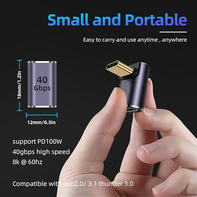 90 Right Angle USB C Male to Female Adapter 2 Pack, 40Gbps USB Type C Thunderbolt 4/3 Extender for MacBook, iPad, Tablet, Phones
