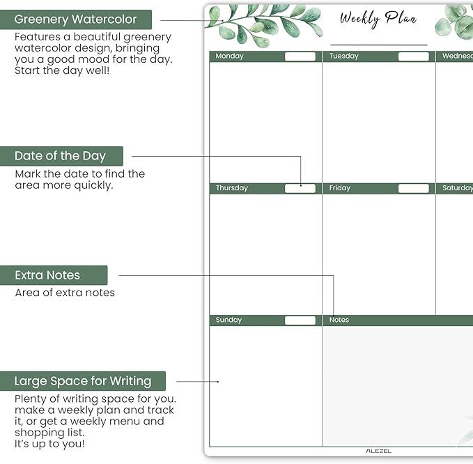Magnetic Calendar for Refrigerator, Greenery Dry Erase Fridge Calendar Set (3 Boards) - Monthly & Weekly Planner Whiteboard, Shopping List White Board, 3 Markers + Eraser