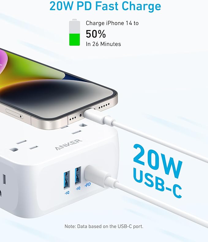 Anker Power Strip with 2000J Surge Protector, Flat Plug Extension Cord with Multiple Outlets, 8 AC, 2 USB A & 1 USB C Port for 20W, 10ft Outlet Extender, Dorm Room Essentials, Home Office, TUV Listed