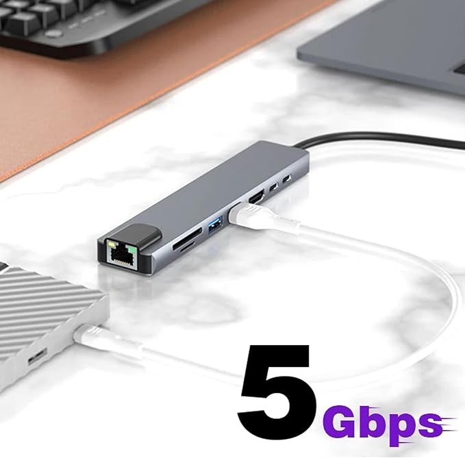 USB C Hub Adapter Laptop Docking Station 8 in 1 USBC Dongle to 4K HDMI,Ethernet,2 USB,Type-C,SD TF Card Reader,PD 100W Compatible with iPhone16/MacBook/Dell and Other Type C Laptops Device
