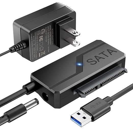 SATA to USB Adapter with Power, USB 3.0 to SATA III Internal Hard Drive Reader for 2.5"SSD/3.5"HDD Up to 20TB Converter Cable with 12V DC Adapter Supply Support UASP Seagate WD Hitachi Toshiba