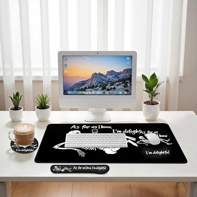 Skeleton Humor Mouse Pad Set Funny Wine Drinking Gothic Quote Art Gaming Mousepad 4in1 Desk Mat for Desktop Anti-Slip XXL Big Computer Ergonomic Mousepad with Wrist Support for Keyboard and Mouse