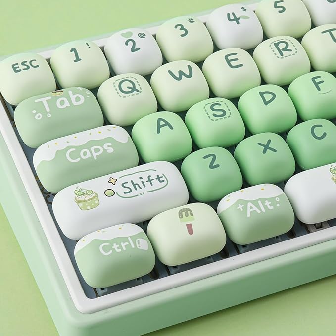 PBT Keycaps 144 Keys Cute Green Dessert Cream Keycaps Dye-Sublimation MOG Profile Custom Round Keycap for MX Swithes Mechanical Gaming Keyboards