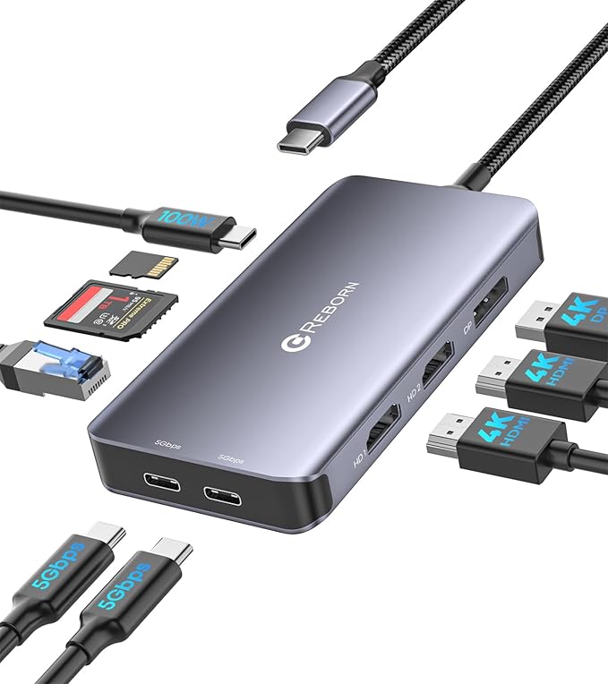 Reborn Docking Station Dual Monitor Adapter, Laptop Docking Station 3 Monitors Triple Display USBC Hub Dongle to 4K60Hz HDMI+DP,1Gbps Ethernet,100W PD,USB C Data,Card Reader,for Dell,HP,Lenovo,Surface