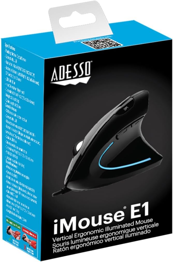 Adesso Wired Vertical Ergonomic Illuminated Optical 6-Button USB Mouse - Right Hand Orientation, Black