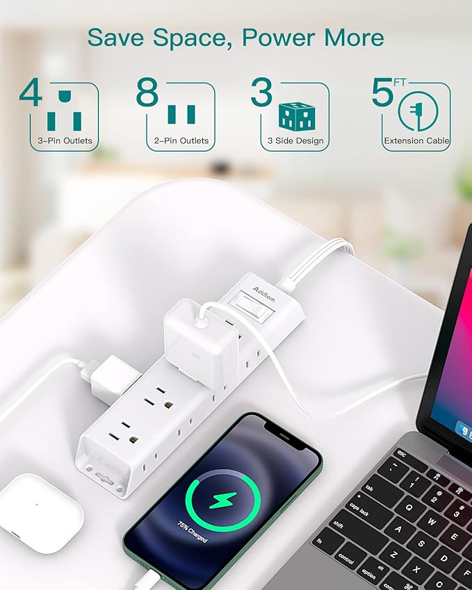 Flat Plug Power Strip, Ultra Thin Flat Extension Cord - Addtam 12 Widely AC 3 Sides Multiple Outlets, 5Ft, Wall Mount, Desk Charging Station for Home Office Dorm Room Essentials