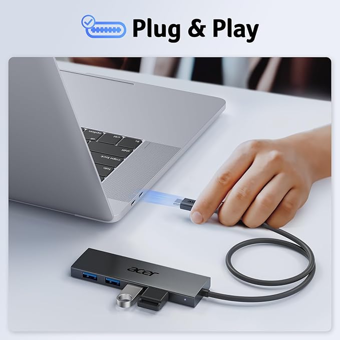 Acer USB C Hub 4 Ports, Multiple USB 3.0 Hub, USBC Splitter for Laptop with TypeC Power Port, Extender for Type C Port Laptop, PC, Desktop and More (USB-C, 0.7ft)