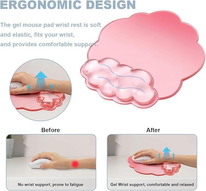 Keyboard Wrist Rest with Gel Cloud Mouse Pad - Ergonomic Pink Mouse Pad with Non-Slip Base, Cute Desk Accessories for Office/Home/Desktop/Latop