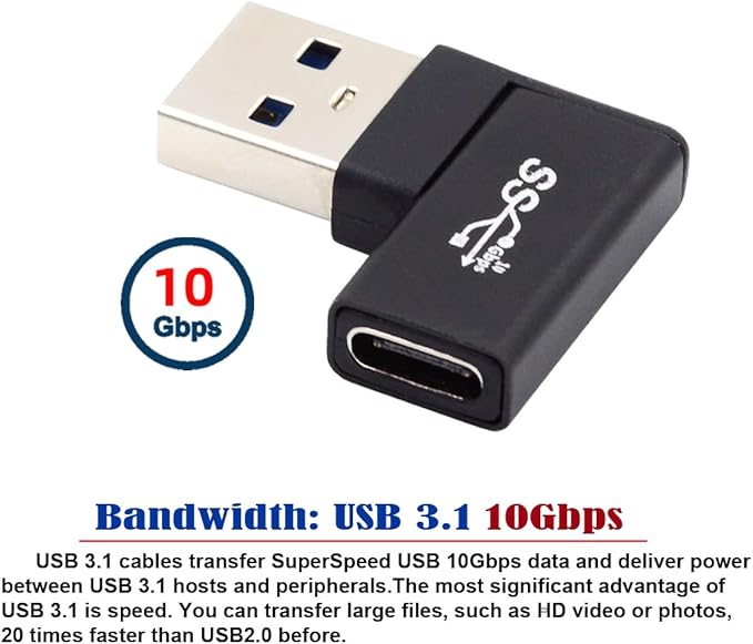 CY USB-C Type C Female to USB 3.0 A Male Data Adapter Flat Horizontal 90 Degree Left Angled for Laptop Desktop