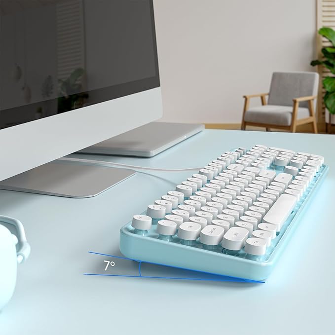 Computer Keyboard Wired, Plug and Play USB Retro Round Typewriter Keyboard, Full Size Wired Keyboard with Foldable Stands for Laptop and Office PC- Blue&White Colorful