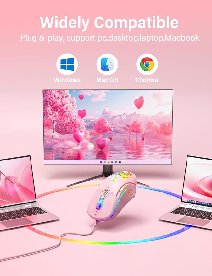 Wired USB Mouse, Computer Mouse with RGB Lighting, 4 Adjustable DPI, Ergonomic Optical Office Mouse, 7 Buttons Corded Mice for Window/PC/Laptop/Desktop/Mac/Chromebook, Pink