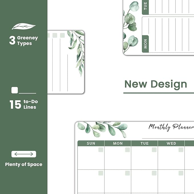 Magnetic Calendar Whiteboard for Refrigerator, Dry Erase Fridge Calendar Set - Greenery Magnetic Monthly & Weekly Calendar with List White Board, 4 Markers + Eraser