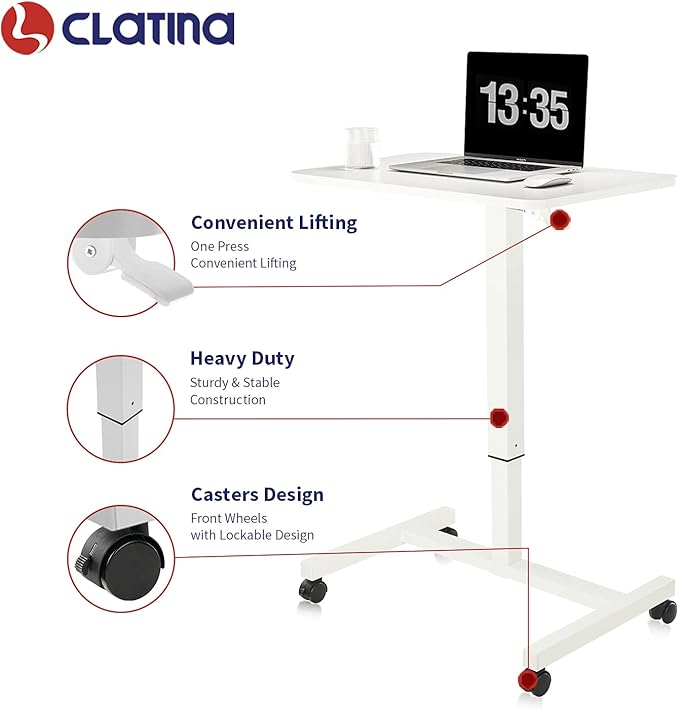 CLATINA Mobile Laptop Desk Pneumatic Sit to Stand Table Height Adjustable Rolling Cart with Lockable Wheels for Home Office Computer Workstation 28" x 19" White Round Edge Design Elegant