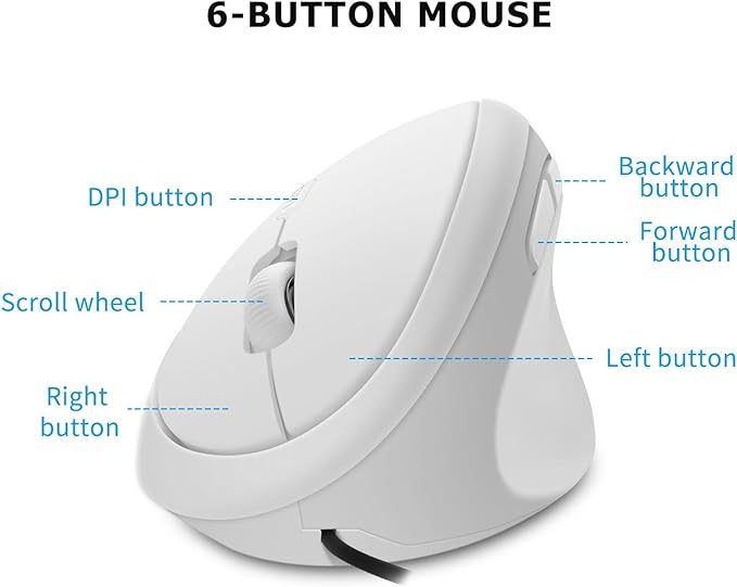 Wired Vertical Mouse, Ergonomic Optical USB Cord PC Gaming Mice 800-1200-1600 DPI Portable Silent Mause for Laptop Desktop Office Use (White)