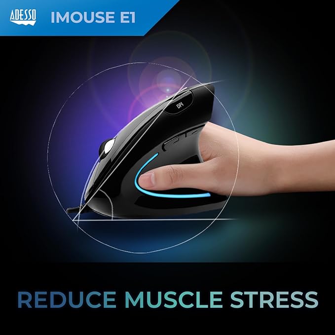 Adesso Wired Vertical Ergonomic Illuminated Optical 6-Button USB Mouse - Right Hand Orientation, Black