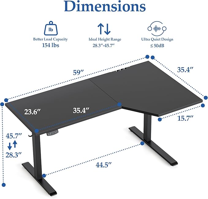 Klicelor 59 Inch L Shaped Standing Desk, Adjustable Height Corner Desk for Home Office Workstation, Sit Stand Desk with Two-Piece Desktop, Black