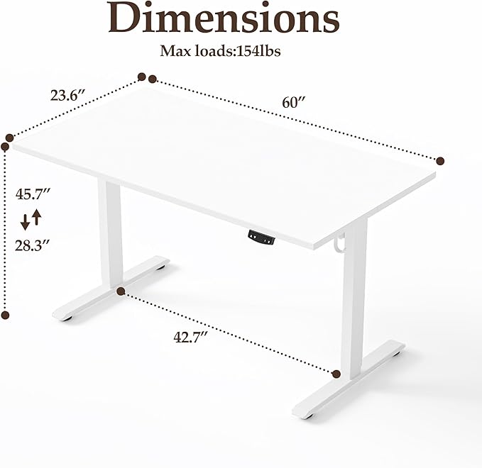 Klicelor 60 Inch Large Electric Standing Desk, Height Adjustable Office Desk, Sit Stand Up Computer Gaming Desk with Memory Preset, Two-Piece Desktop, White