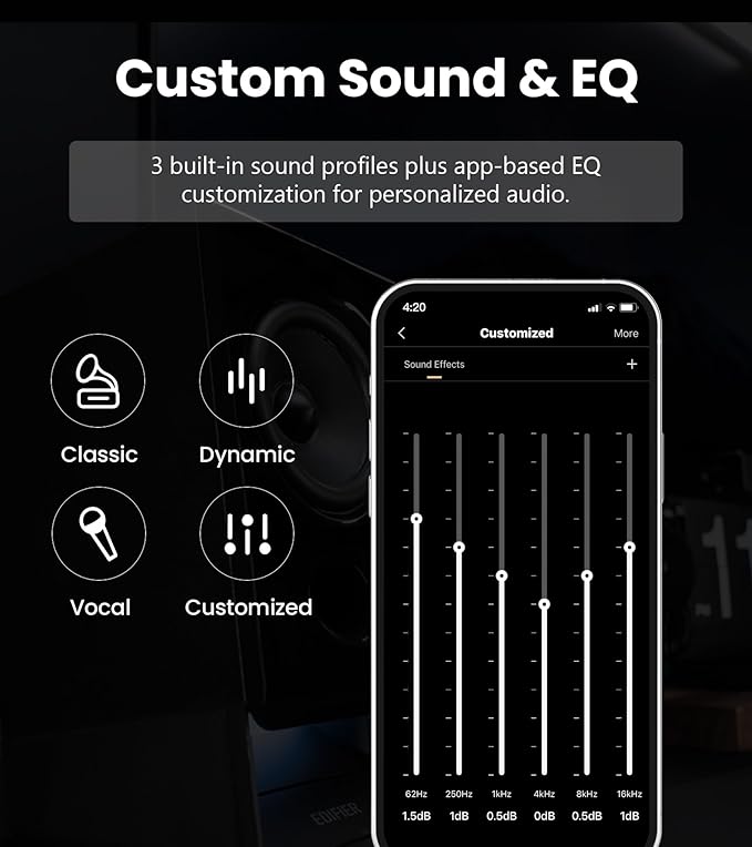 Edifier R20BT Computer Speakers, 2.75" Full-Range Drivers, Bluetooth 6.0, Touch Controls, AUX & USB-C Inputs, Headphone Jack, Custom Ambient Light & Sound Profiles via APP - Black
