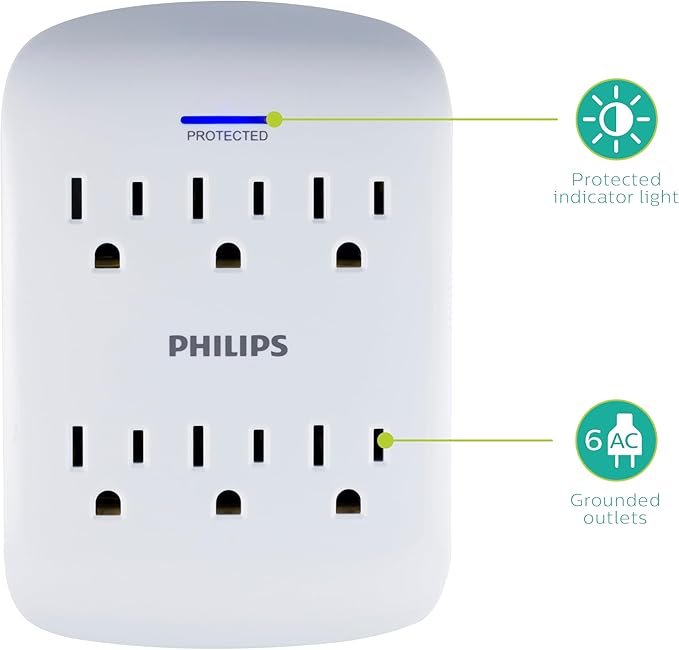Philips 6-Outlet Extender Surge Protector, Wall Tap, 900 Joules, 3-Prong, Space Saving Design, Protection Indicator LED Light, ETL Listed, White, SPP3461WA/37