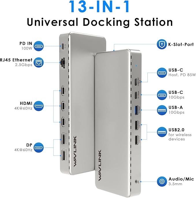 Docking Station 3 Monitors, WAVLINK SM770 Docking Station with Triple HDMI, Dual DP, 100W PD in, 10Gbps USB A&C, 2.5G Ethernet Port, Compatible with Intel Mac, SMI Driver & Host USB3.2 Gen 2 Required
