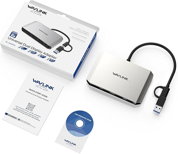 WAVLINK USB C or USB 3.0 to Dual HDMI/DisplayPort Adapter, Displaylink Monitor Splitter Extended Display for Dual Monitor 4K@60Hz, HDMI/DP Splitter Compatible with Mac M1-M5/Neo,Window Laptop-Silver