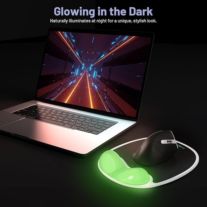 Ergonomic Mouse Pad with Wrist Rest & Elbow Support, Soft Silicone Gel Cushion, Non-Slip Base, Glow-in-The-Dark, Compatible with Vertical Ergonomic Mouse for Office & Gaming (Black)