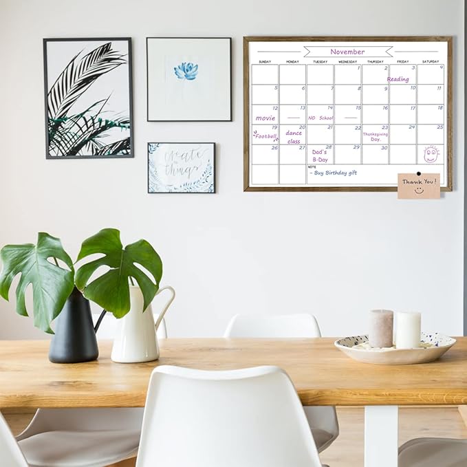 Dry Erase Monthly Calendar Whiteboard for Wall, Solid Pine Wood Rustic Brown Frame Magnetic Surface Whiteboard for Wall，23.6"x 31.5"(YLBB-B-RB-6080)
